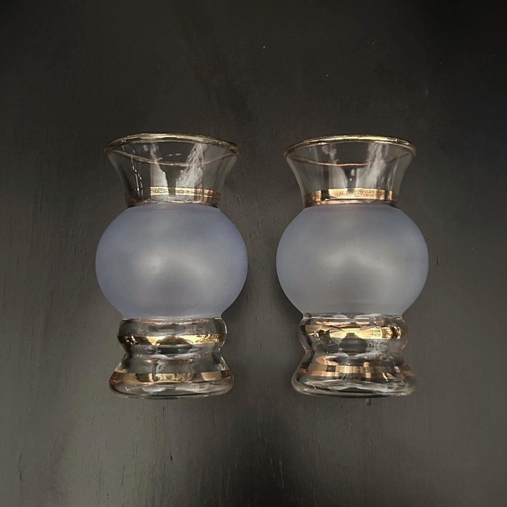 MCM 1953 Bartlett Collins 2 Frosted Blue Glass Vases Gold Bands Hand Crafted USA - Picture 1 of 10